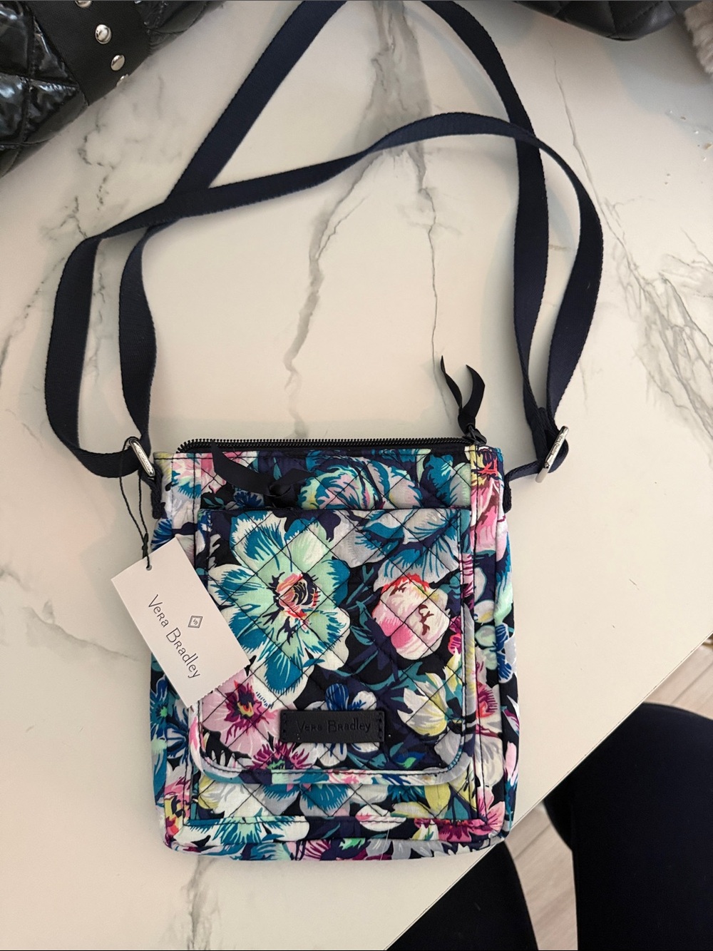 Vera Bradley Navy Floral Quilted Crossbody with Aqua & Pink Blooms